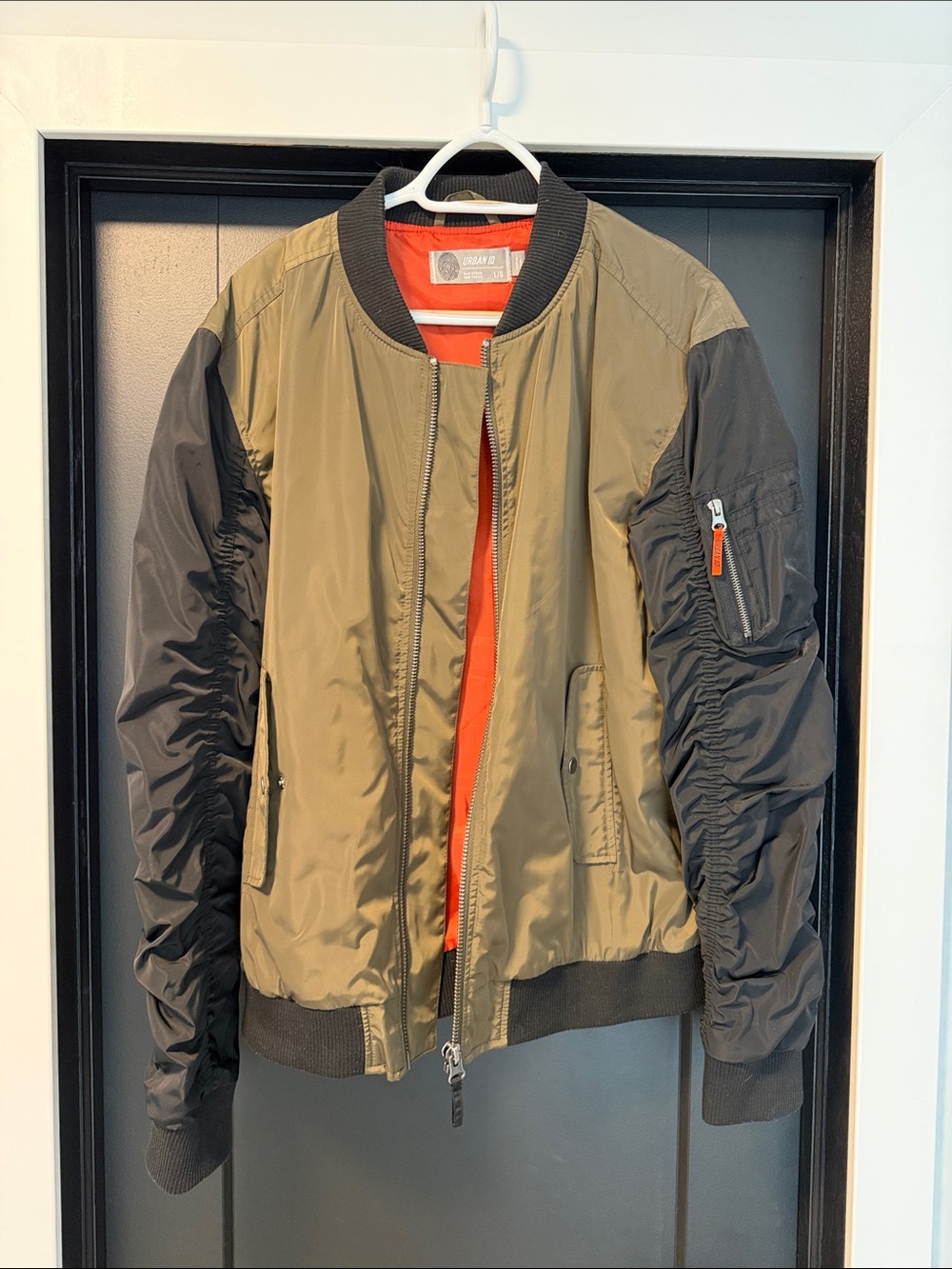 Urban Outfitters Olive and Black Bomber Jacket with Orange Lining